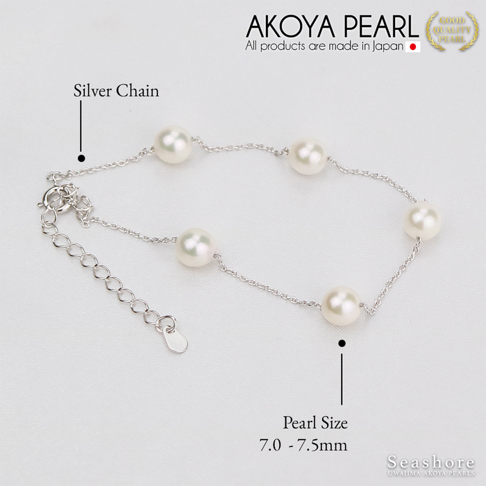 Akoya Seawater 5 Natural Pearls Bracelet - Women Luxury SV925 Silver Chain, Wedding Engagement Party