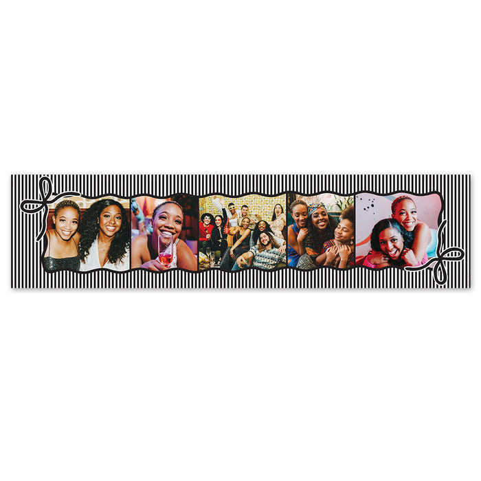 Collage of multiple photos of a woman with various hairstyles and outfits on a decorative strip.