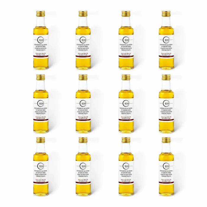 Twelve 100 ml bottles of Black Truffle Olive Oil with 2% Tuber melanosporum flavouring
