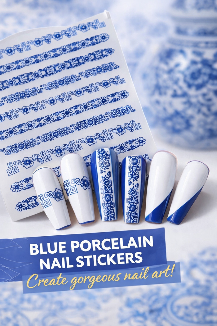 Blue Porcelain Elegance 5D Nail Sticker Sheet – 1 Piece - Drip Lab Nail Co.