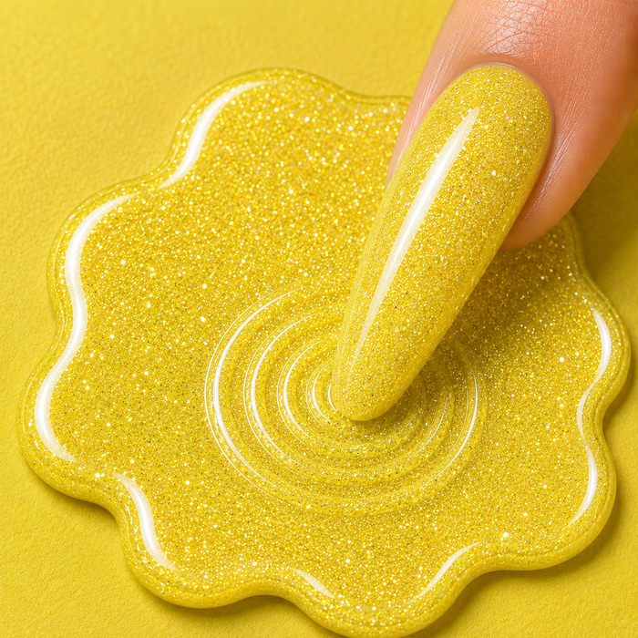 Yellow glittery nail polish being applied to a yellow surface with a hand holding the polish.
