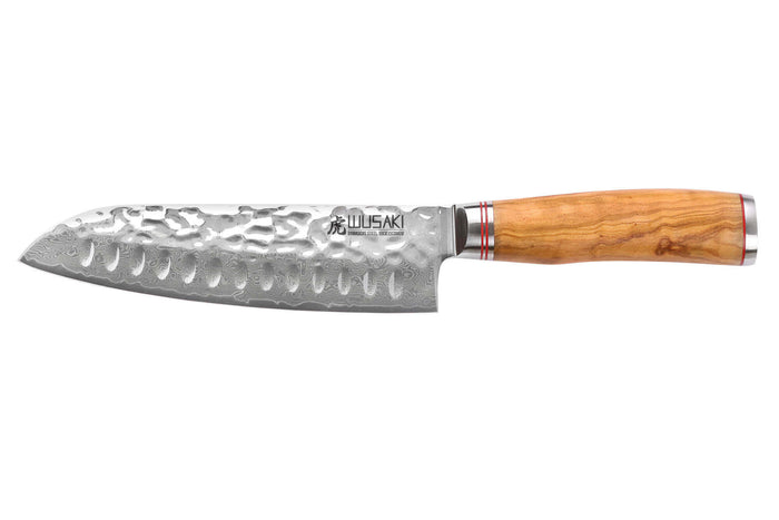 Couteau santoku Wusaki Damas 10Cr alvéolé 18cm manche en olivier