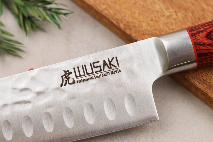 Couteau santoku Wusaki Pakka X50 alvéolé 17cm manche pakkawood