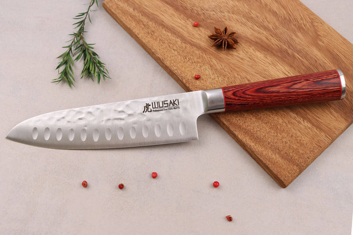 Couteau santoku Wusaki Pakka X50 alvéolé 17cm manche pakkawood