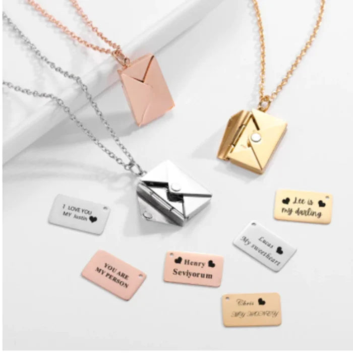 Gold envelope-shaped pendant necklace, vintage-inspired jewelry