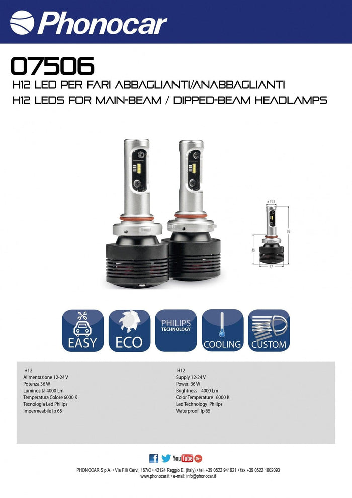 Fari LED H12 abbaglianti / anabbaglianti Phonocar 07506 (COPPIA) - TechSoundSystem.com