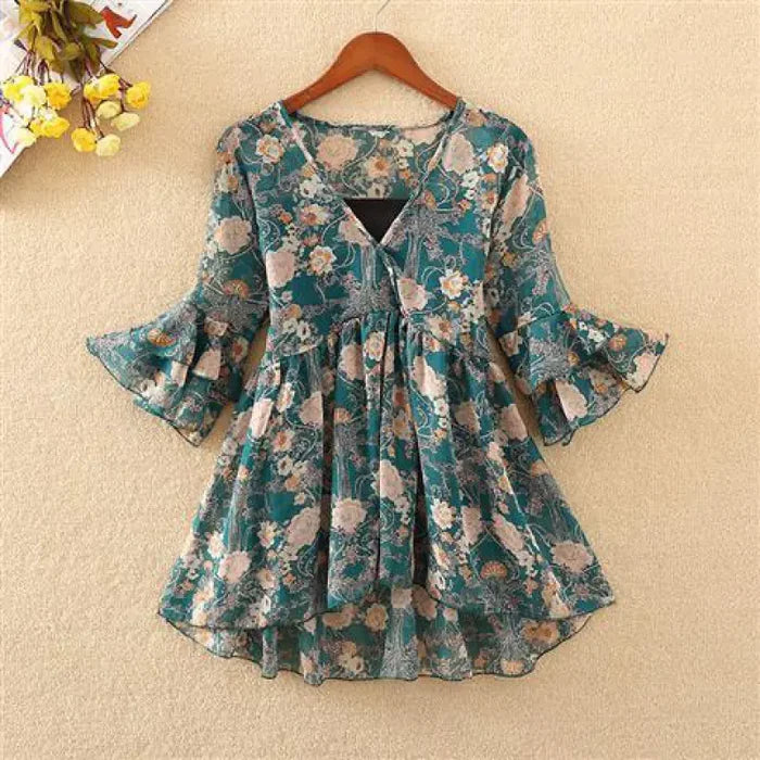 Floral chiffon blouse in dark blue, flowy silhouette