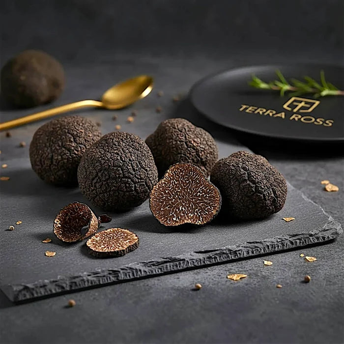 Fresh Tuber melanosporum A Grade truffles showing the dark marbled interior