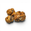 Fresh Tuber borchii EXTRA Grade truffles on a white background, with one exposed cut surface showing the interior