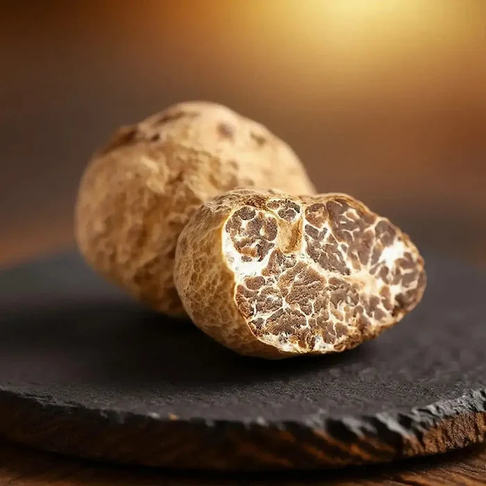 Fresh Tuber borchii EXTRA Grade truffles with one cut specimen showing the naturally veined brown interior