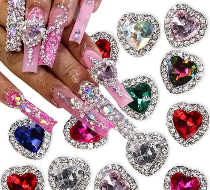 Heart Shape Colored Stones with Rhinestones - 30 Piece Nail Gems