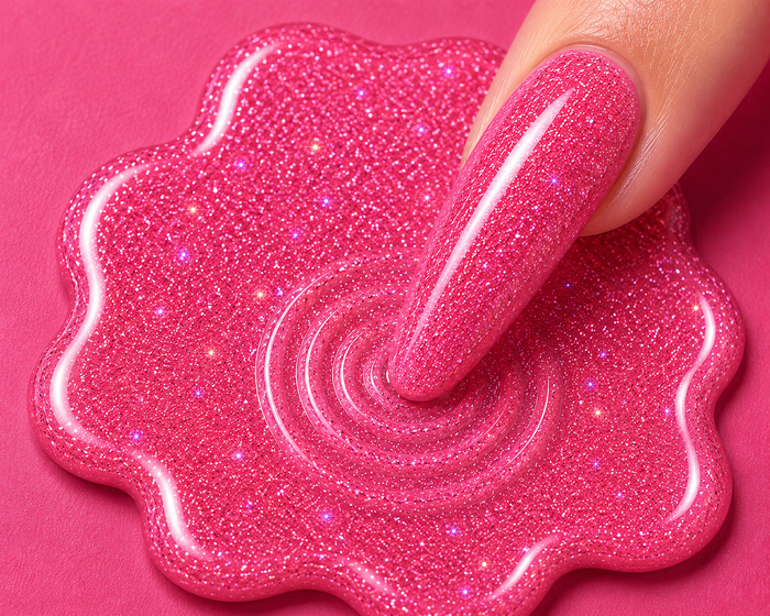 Pink glittery nail polish being applied with a brush on a pink background