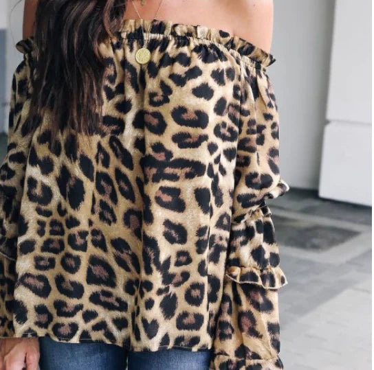 Leopard print off-shoulder chiffon blouse with bell sleeves