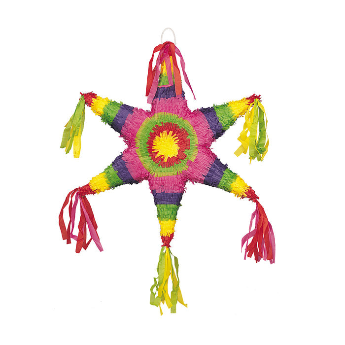 A colorful Mexican Star Pinata with multiple hanging strings, predominantly pink, green, yellow, and red in color.