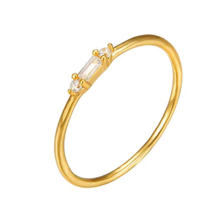 Silver minimalist ring shown on hand