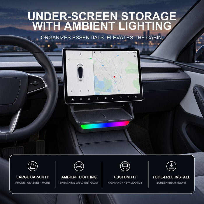 Model 3 Highland / New Model Y Under Screen Storage Box Center Console Organizer With Ambient Lighting - Tesery Official Store
