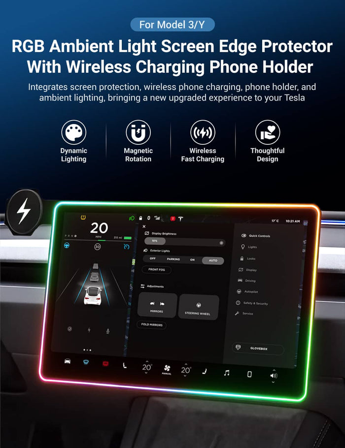 Ambient Light Screen Edge Protector With Wireless Charging Phone Holder for Model 3/Y - Tesery Official Store