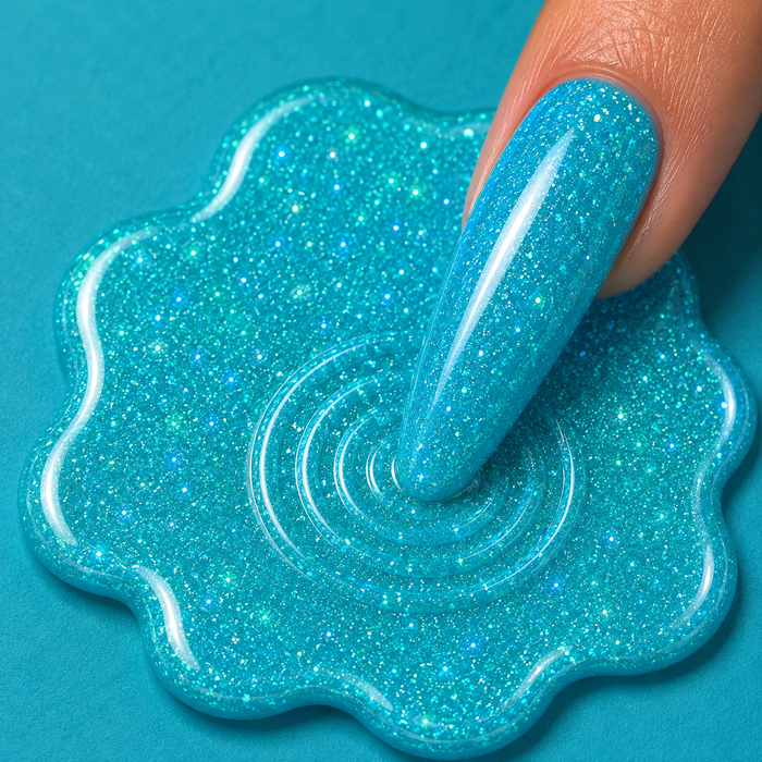 Blue glittery nail polish being applied with a finger on a blue background