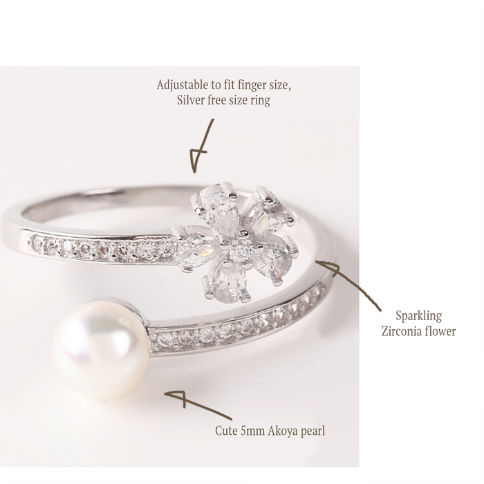 OKKO Akoya Seawater Japan Pearl Silver 925 Ring - Women Luxury Natural Zirconia Rings, Wedding