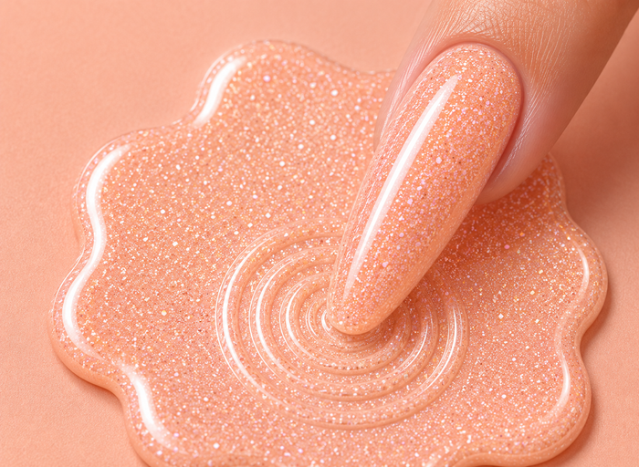 Close-up of a hand with glittery pink nail polish on a matching pink background