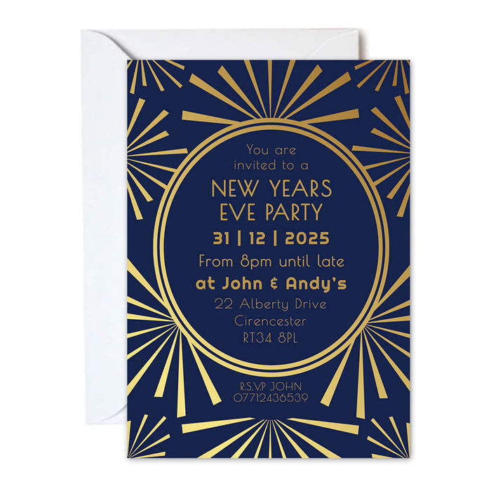 New Year's Eve party invitation with gold and blue design on a white background