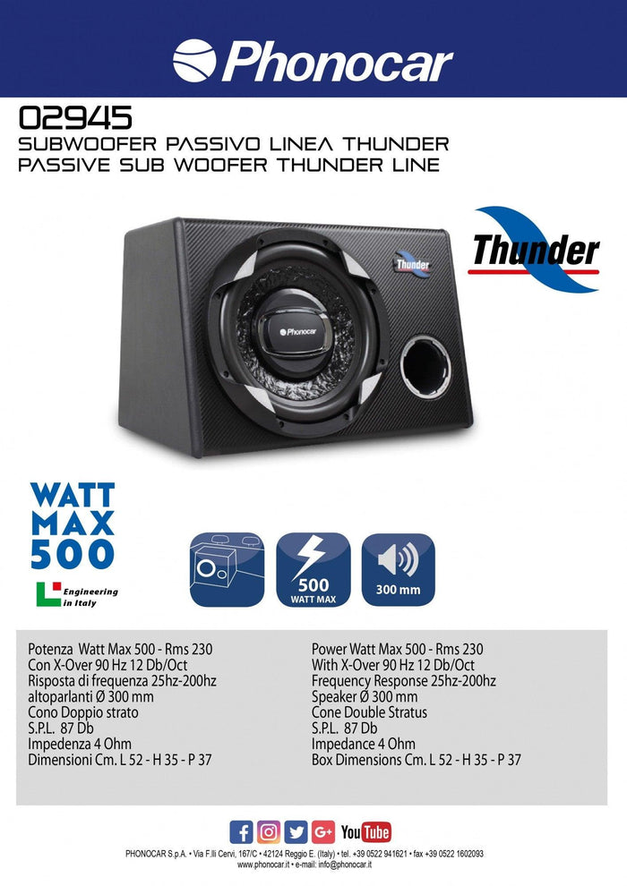 Phonocar 02945 Subwoofer passivo in cassa 500W 300mm (12'') - TechSoundSystem.com