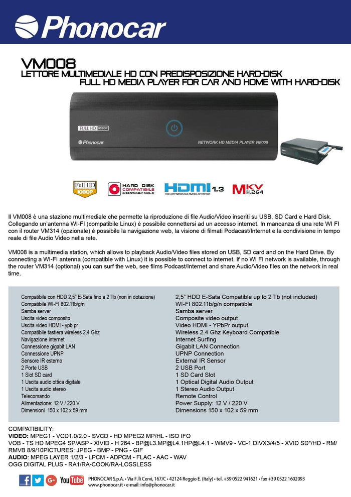 Phonocar VM008 Lettore multimediale HD con predisposizione Hard-Disk - TechSoundSystem.com