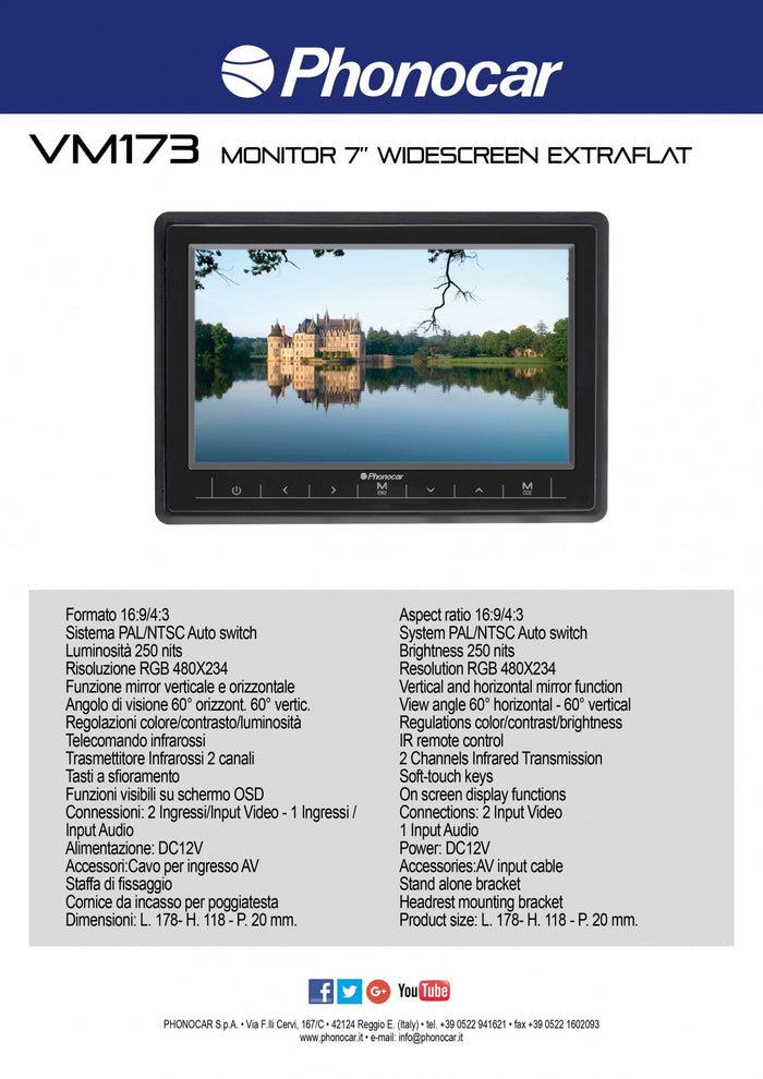 Phonocar VM173 Monitor poggiatesta 7" TFT/LCD Widescreen Extraflat - TechSoundSystem.com