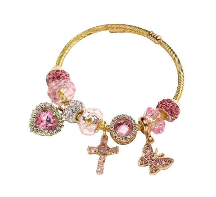 Pink Stone Chunky Charms Bracelet