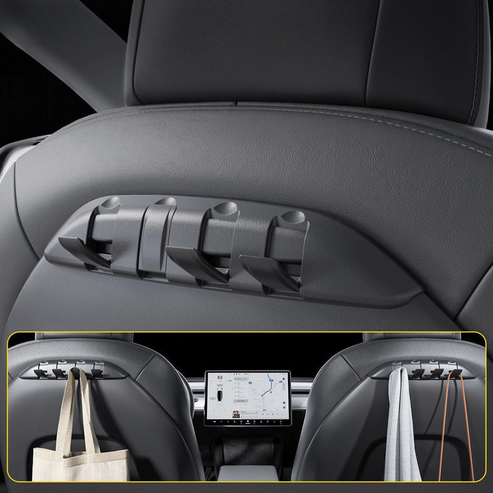 TESERY seat-back organizer with foldable hooks, plus an inset showing organizers behind both front seats.