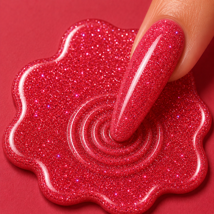 Red glittery nail polish being applied with a brush on a red background