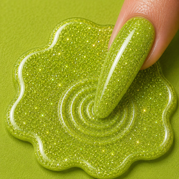 Green glittery slime with a finger pressing into it on a green background