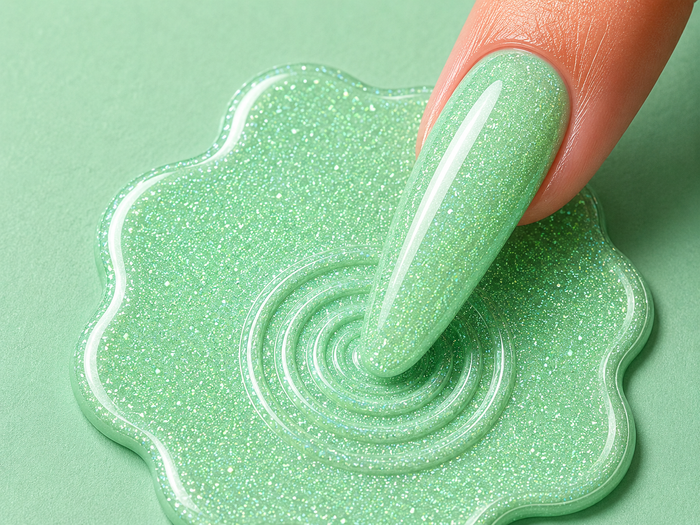 Green glittery slime with a hand dipping a finger into it on a green background
