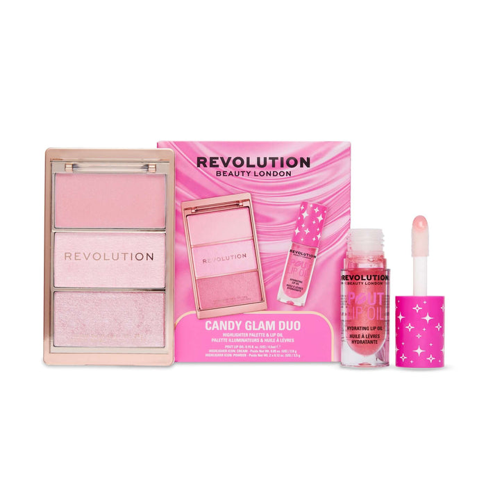 Revolution Candy Glam Lip Oil & Highlight Duo featuring pink lip gloss and highlight palette.