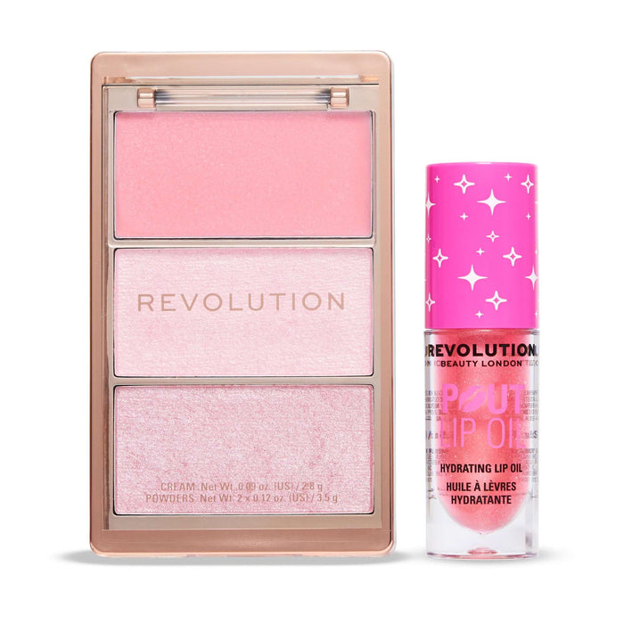 Revolution Candy Glam Lip Oil & Highlight Duo including Pout Lip Oil and Highlight Icon Palette.