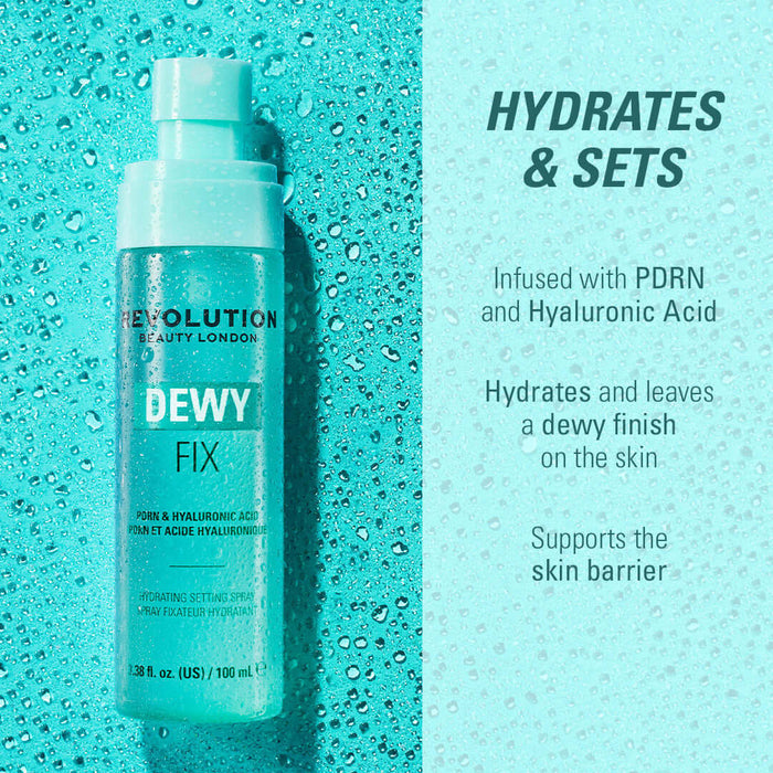 Revolution Dewy Fix PDRN + HA Hydrating Capsule Setting Spray with hydrating benefits and dewy finish on aqua background.