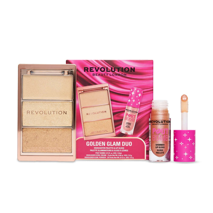 Revolution Golden Glam Lip Gloss & Highlight Duo featuring shimmering gloss and highlight palette.