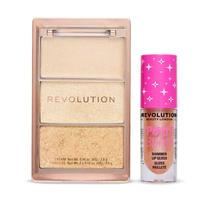 Revolution Golden Glam Lip Gloss & Highlight Duo featuring Pout Bomb Shimmer Gloss and radiant highlight palette.