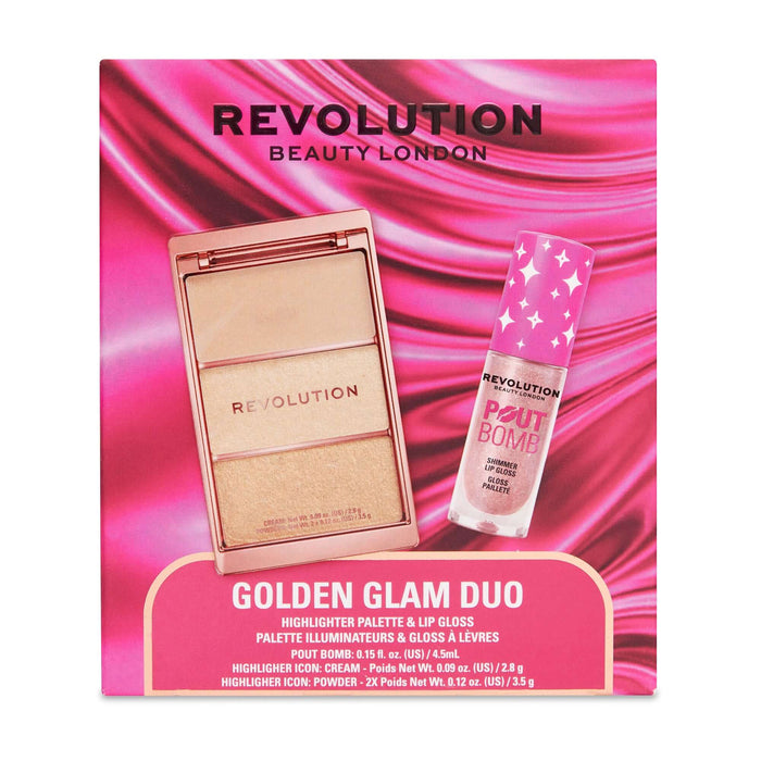 Revolution Golden Glam Lip Gloss & Highlight Duo packaging displaying shimmery gloss and radiant highlight palette.