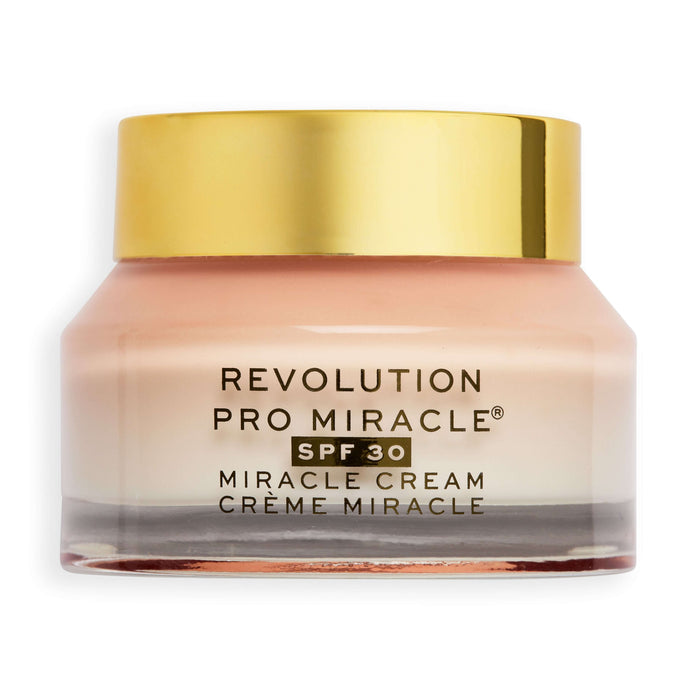 Revolution Pro Miracle Cream SPF30 jar showcasing its lightweight formula and protective features.