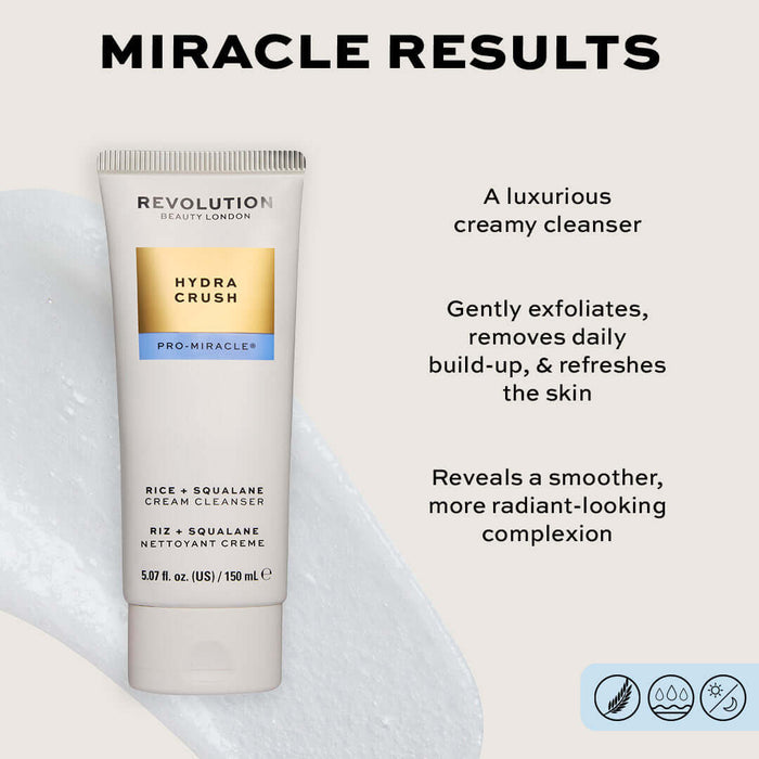 Revolution Pro Miracle Hydra Crush Rice + Squalene Cream Cleanser tube on a creamy background, highlighting its luxurious formula.