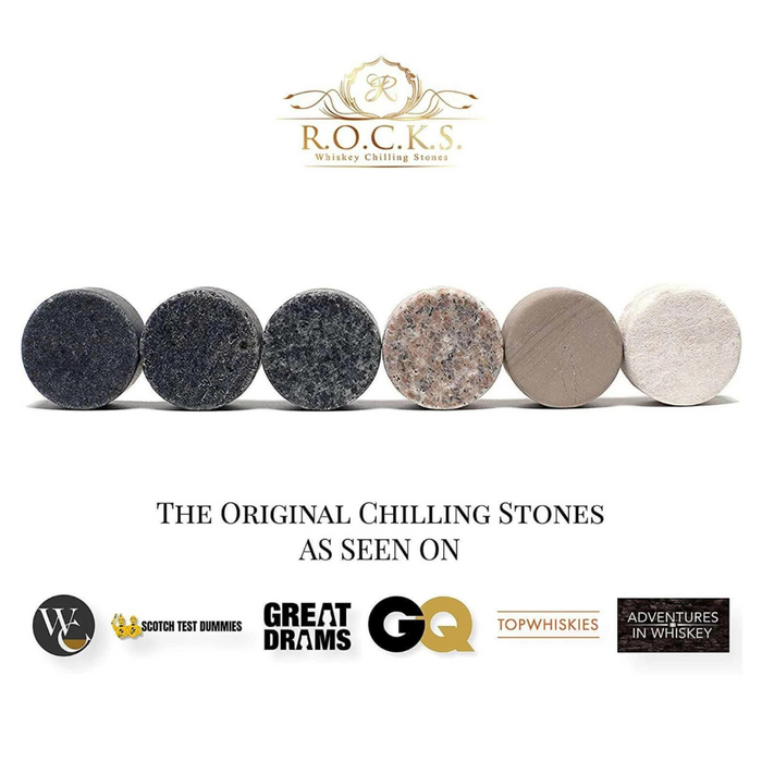 R.O.C.K.S Decanter Whiskey Glass & Granite Chilling Stones - 6 Reusable Ice Cubes for Vodka, Liquor, Wine