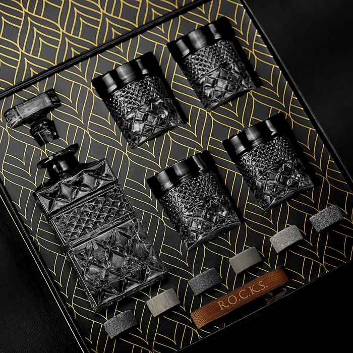 R.O.C.K.S Decanter Whiskey Glass & Granite Chilling Stones - 6 Reusable Ice Cubes for Vodka, Liquor, Wine