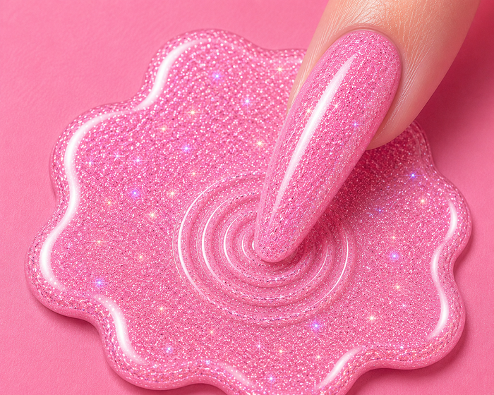 Pink glittery slime with a hand dipping a nail into it on a pink background