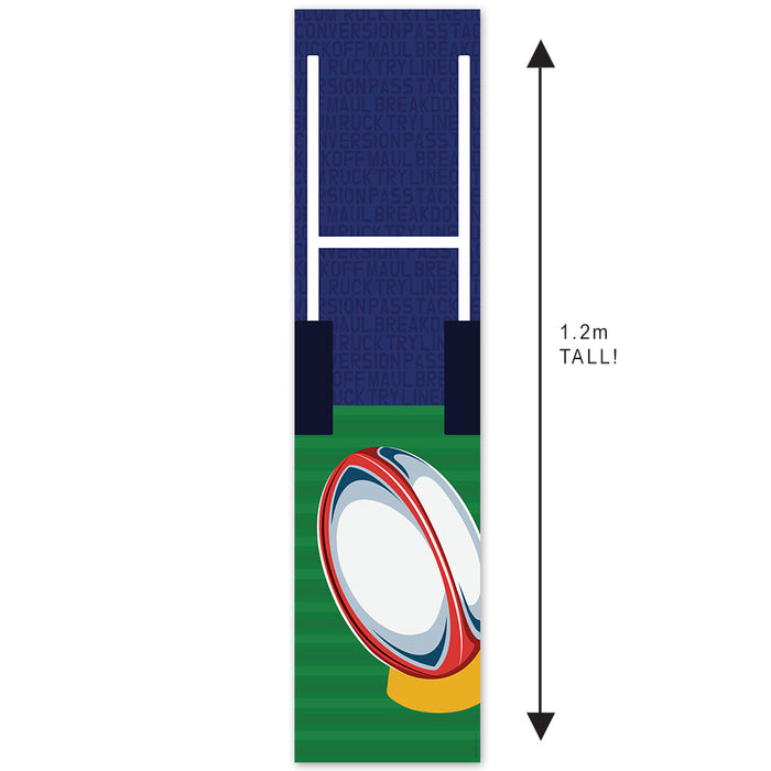 Rugby goal post with a rugby ball on a grass field, showing the height of 1.2 meters.