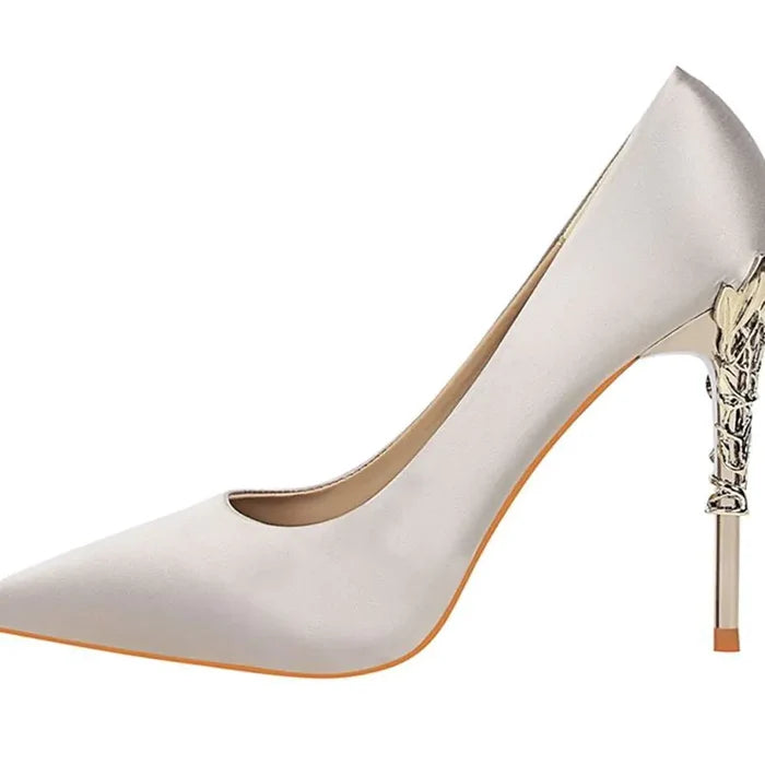Gold satin pointed toe high heels for women