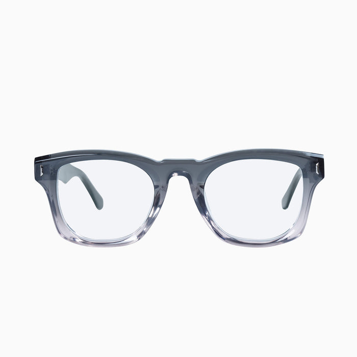 Transparent Grey Fade to Smokey Crystal w. Silver Metal Trim / Clear Blue Blocker Lens