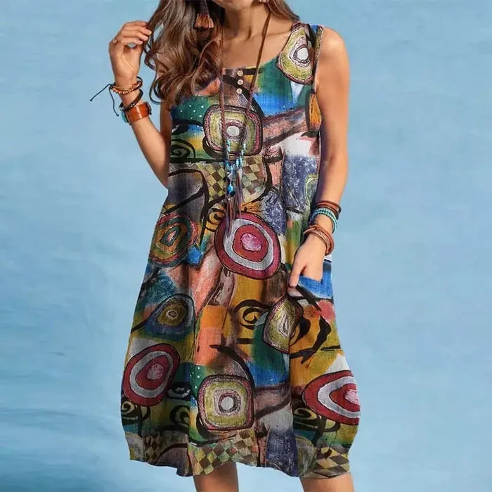 Woman wearing red floral print summer dress