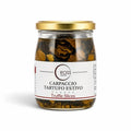 Glass jar containing sliced Tuber aestivum summer truffle carpaccio in olive oil