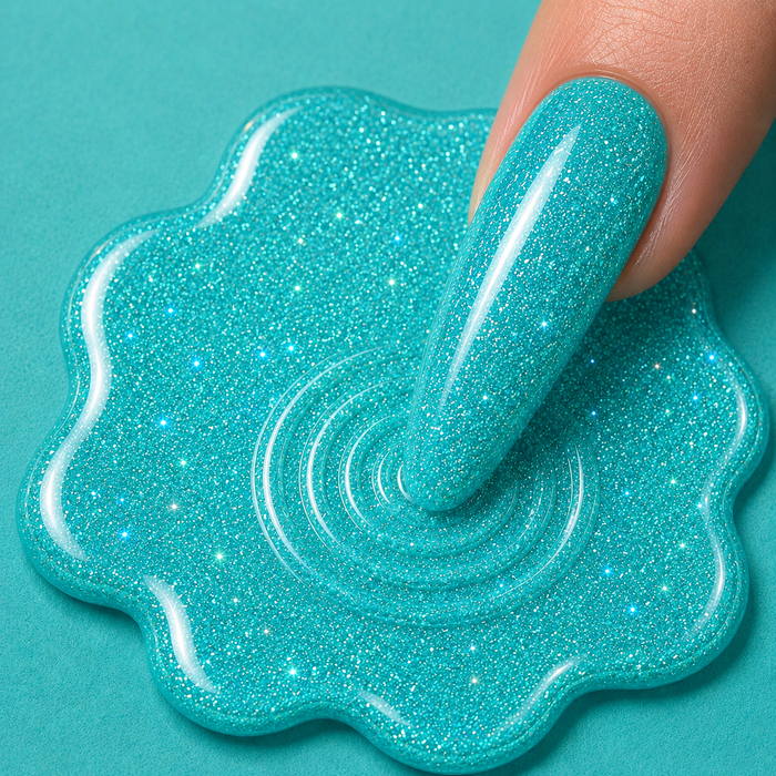 Turquoise glittery slime with a hand interacting with it on a teal background